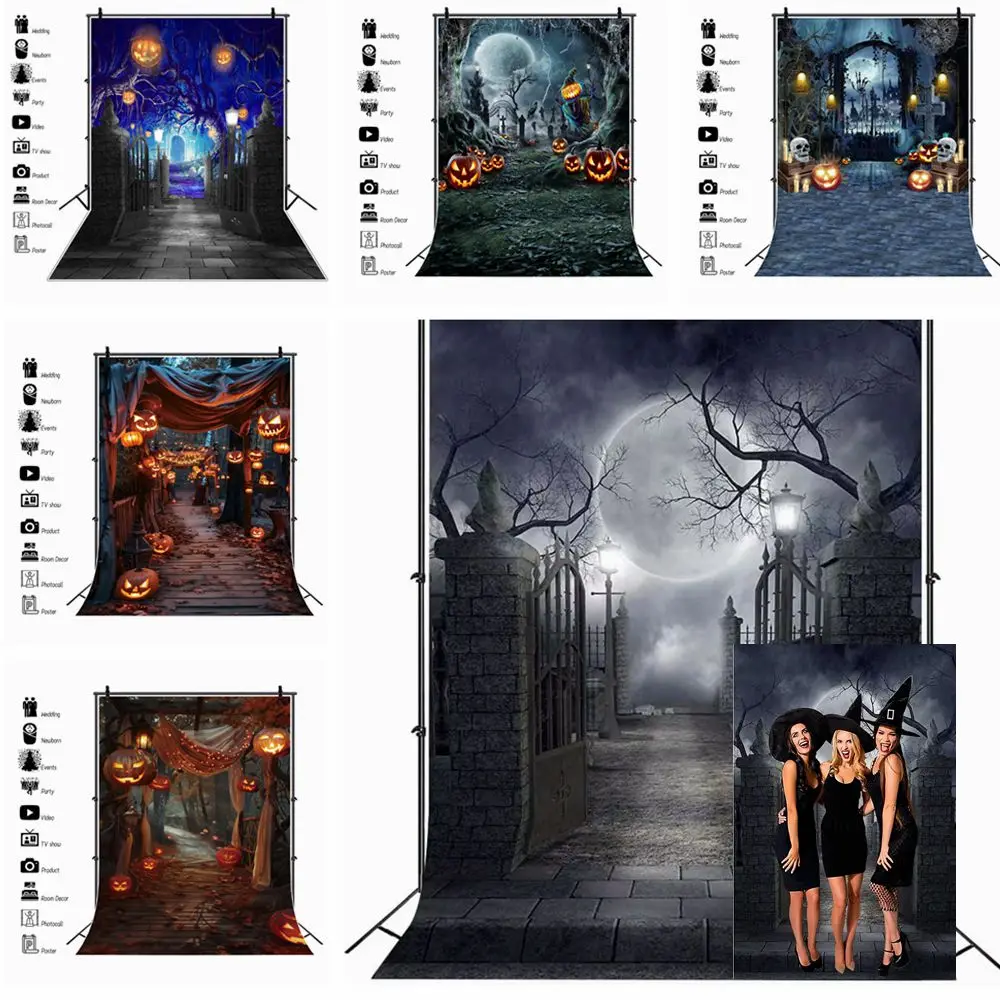 

Halloween Photography Backdrop Night Full Moon Cemetery Pumpkin Lantern Outdoor Scene Kids Adult Portrait Photography Background