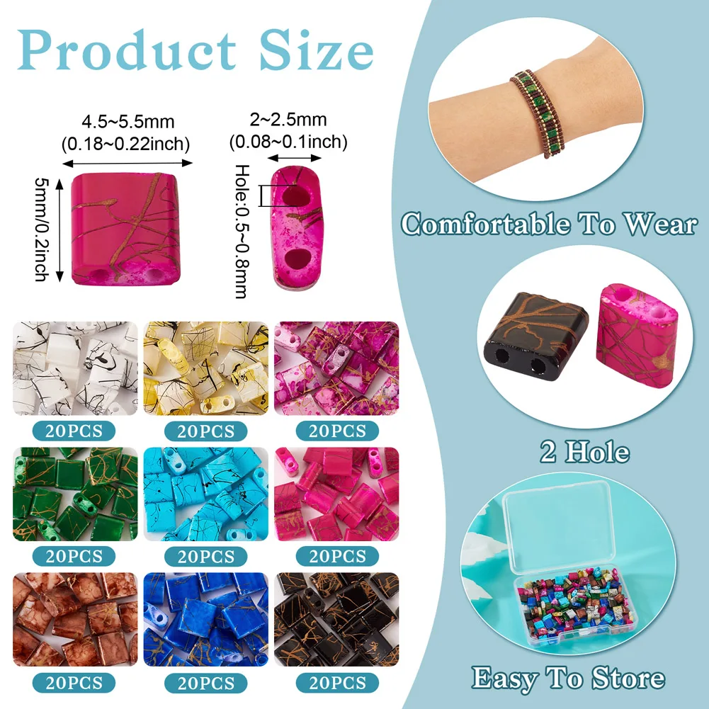 180Pcs Mini Flat Rectangle 2-hole Loose Beads Colorful Opaque Seed Beads for Necklace Bracelet Jewelry Making Accessories