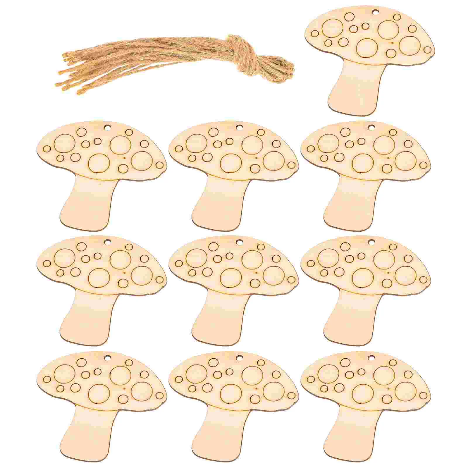 10 Pcs Jute Twine Decorations Wooden Natural Hanging Slices Mushroom Ornaments Shape