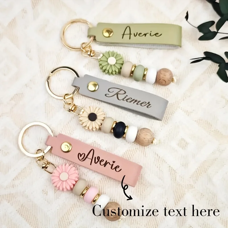 Porte-clés personnalisé en silicone avec perles marguerites, gravure sur mesure, étiquette en cuir, pendentif pour sac femme, cadeau d'amitié