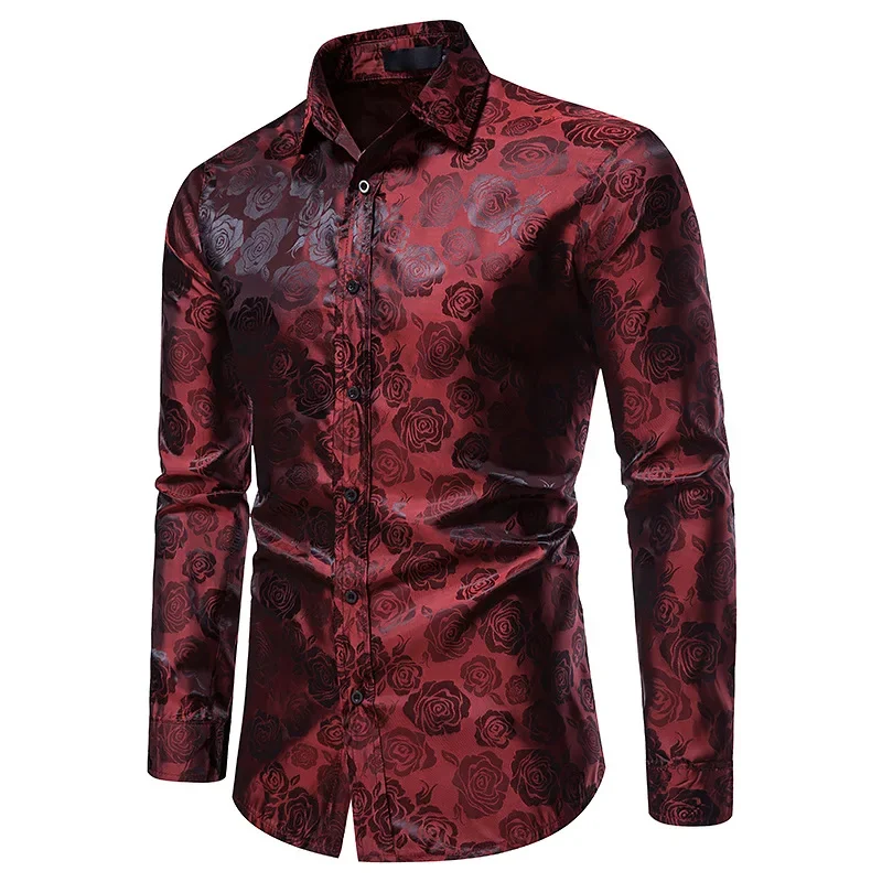 Camisas con estampado de rosas negras para hombre, camisa de lujo de manga larga con estampado Floral de Paisley de seda para fiesta de negocios y