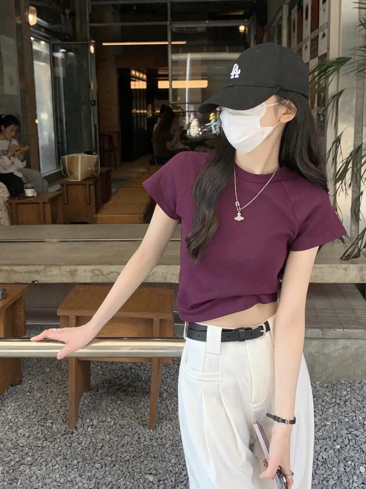 2024 New style T-shirt Round neck Solid color All cotton Short version Show off weight Self cultivating Women's clothing