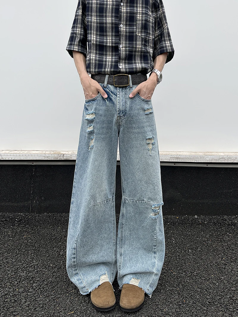 

Мужские джинсы American Street Style: широкие брюки с высокой талией, прямой крой, рваный край, длинные повседневные летние джинсы