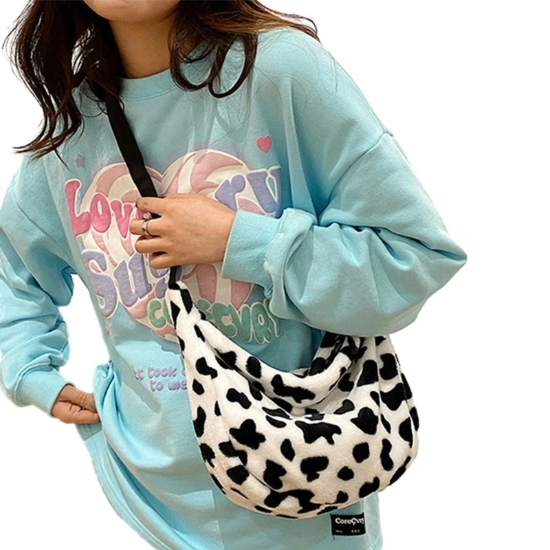 Bolso felpa con estampado vaca, bolso hombro bonito y práctico para uso diario