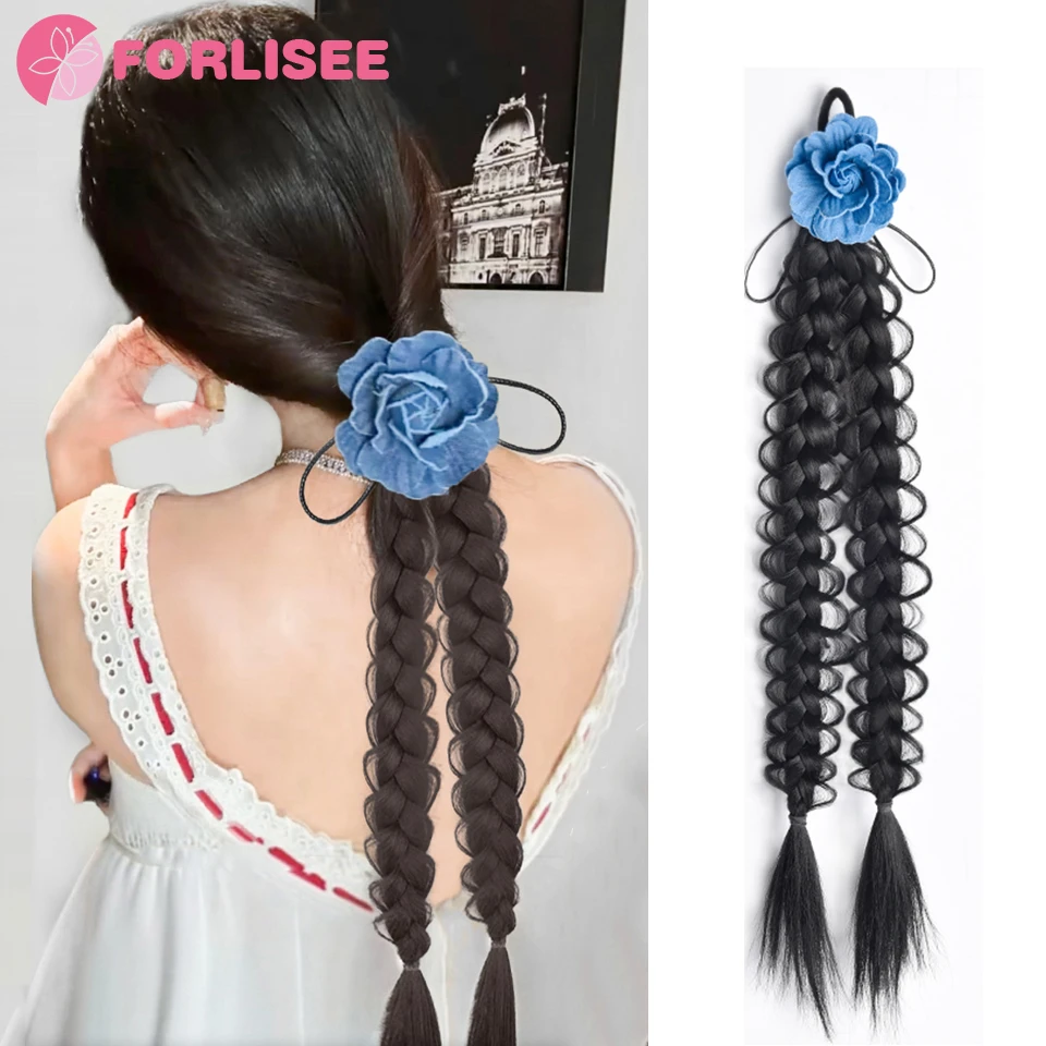 FORLISEE Wig Braid Romantic French Denim Rose Twist Braid Women's Natural Fashion Strappy Ponytail Wig