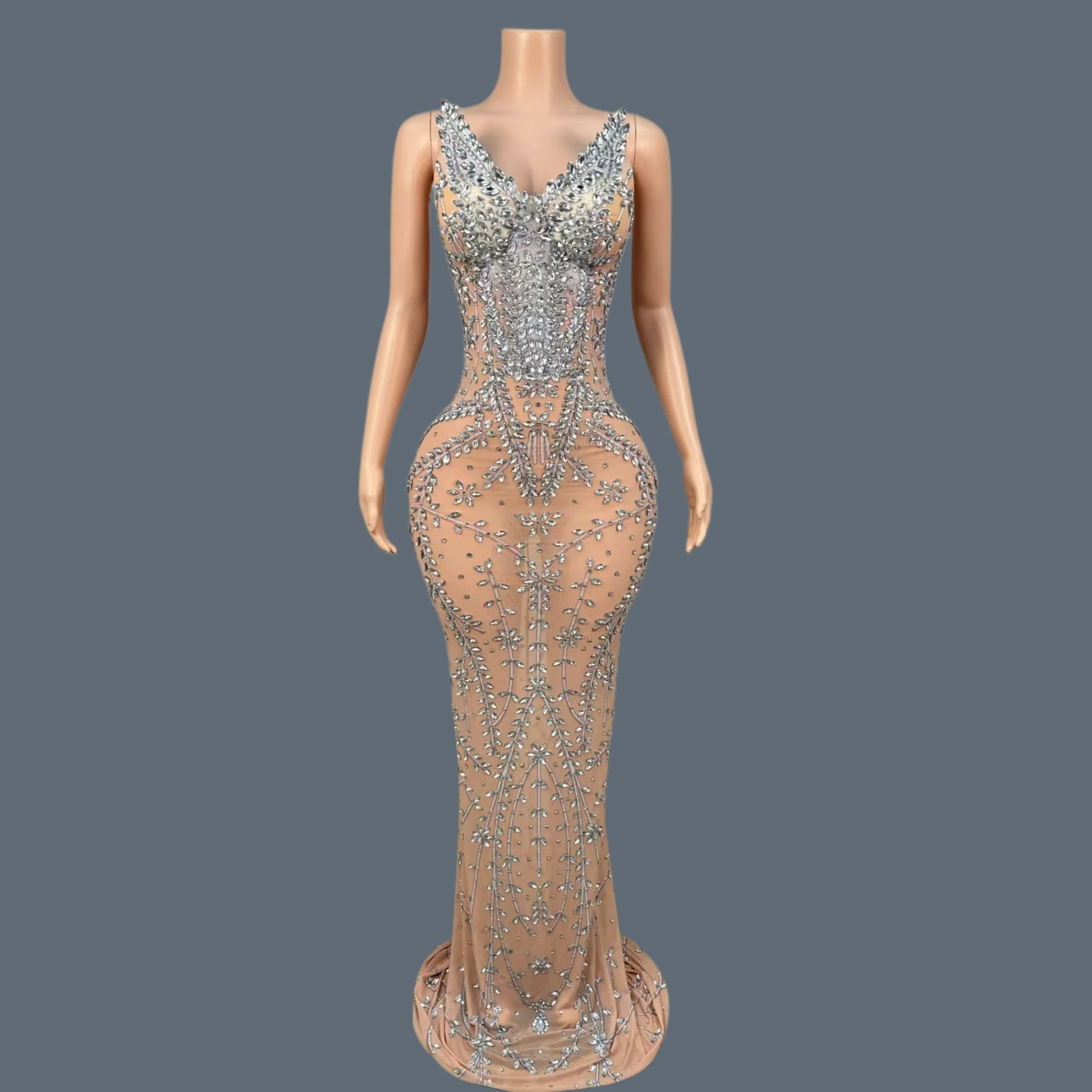 

Luxury Sparkly Rhinestone V Neck Mermaid Gown Birthday Party Sexy Women See Through Mesh Sleeveless Trailing Evening Dress Feie