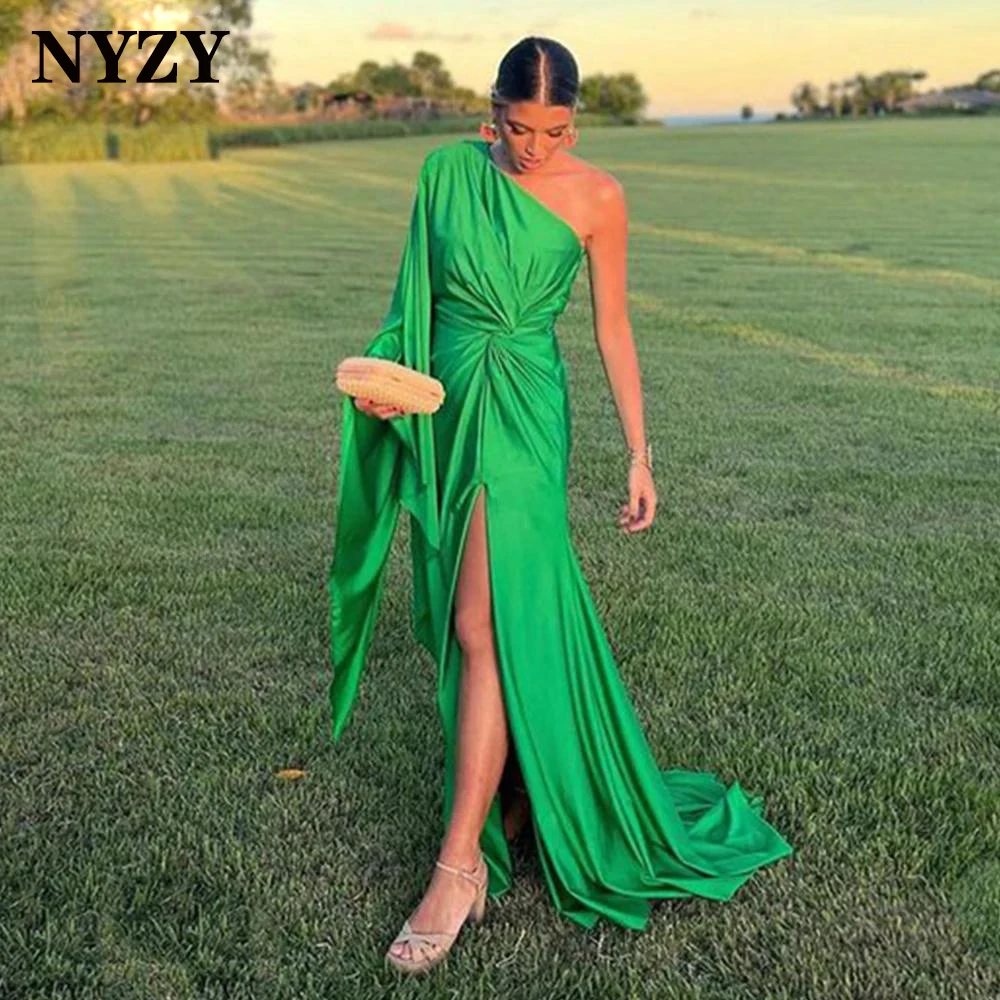 

NYZY E423 Soft Satin One Long Sleeve High Slit Green Evening Dresses Elegant 2024 Party Prom Gowns