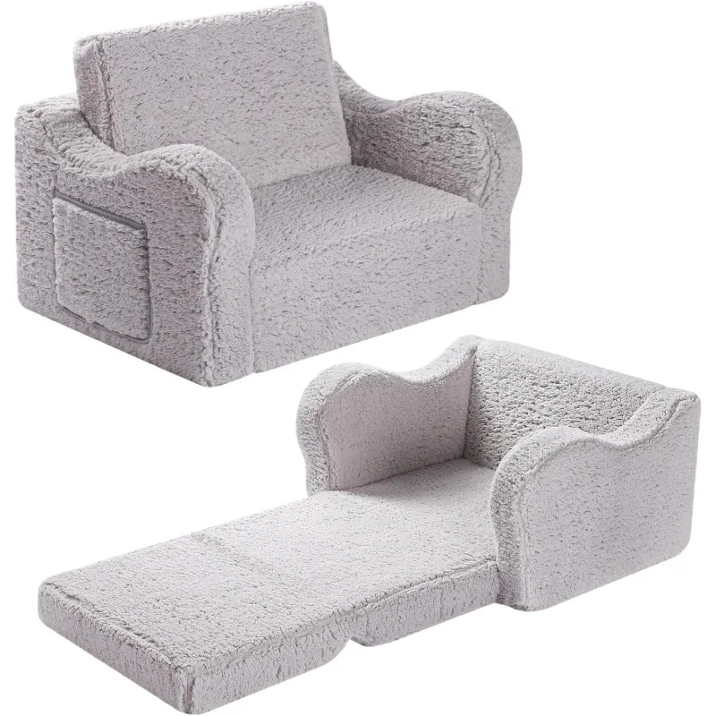 

2-in-1 Toddler Soft Sherpa Couch Fold Out, Convertible Sofa to Lounger for Girls and Boys, Grey