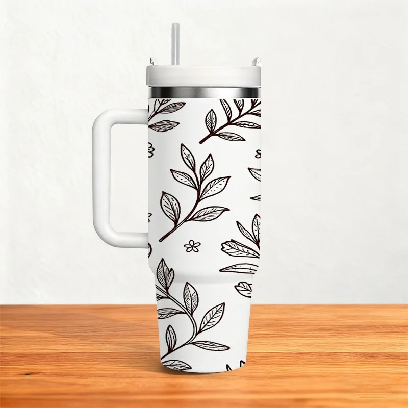 40oz White Base Minimalist Brown Line Art Leaf Tiny Flower Print Insulated Stainless Steel Travel Tumbler With White Handle Straw Lid Large Thermal Cup