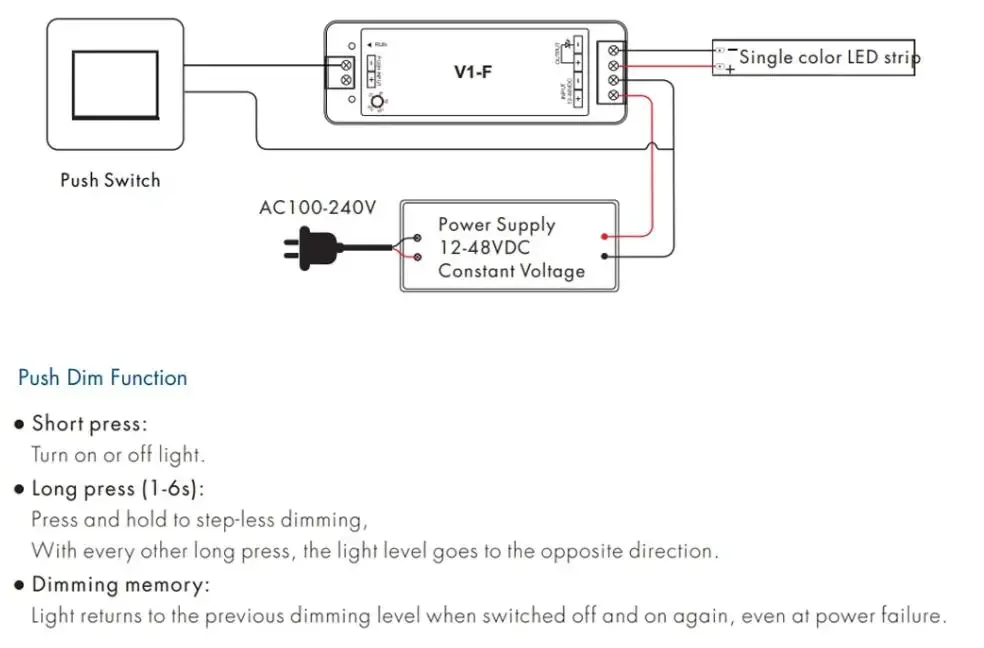 Skydance DC12V-48V CV Fade-in Fade-out LED Dimmer Push Dim V1-F For LED Single Color Strip Light