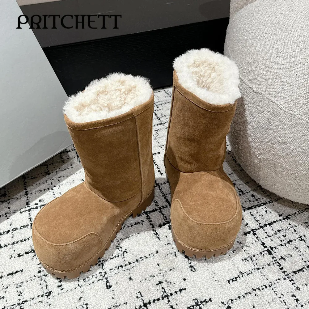 Plush and Thickened Big Head Boots Brown Suede Warm Mid-Calf Boots Winter Comfortable Show Style Personality Fashion Short Boots