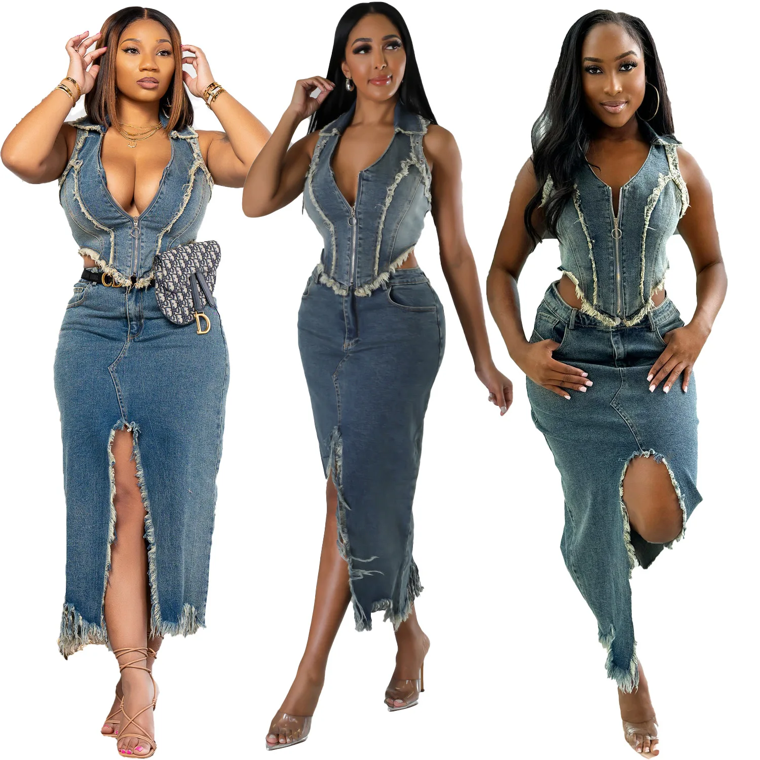 Distressed Denim Women 2 Piece Set Lapel Neck Crop Vest Fringe Slit Long Skirts Matching Set 2024 Summer Sexy Holiday Outfits