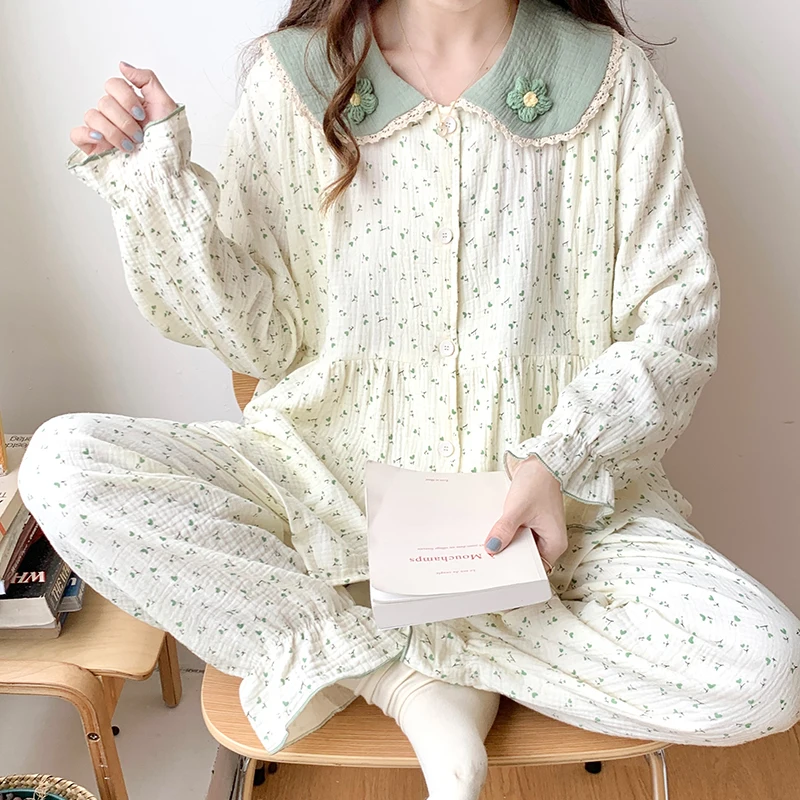 100% Cotton Double Gauze Maternity Nursing Sleepwear Sets Summer Sweet Breastfeeding Pajamas Night Wear Pregnancy Home Hospital