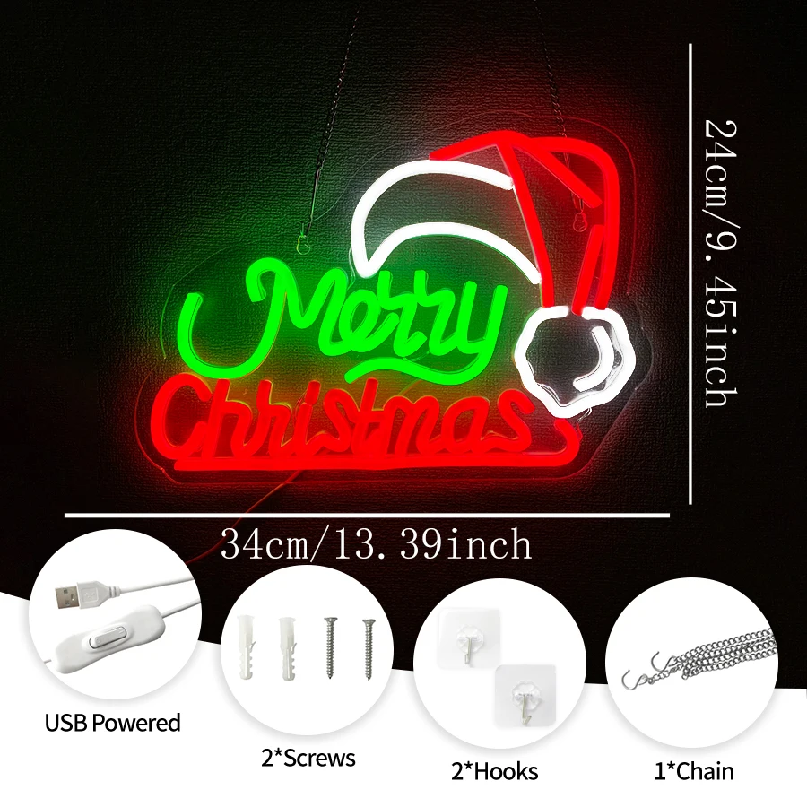 Merry Christmas LED Neon Sign, USB Santa Hat Xmas Neon Light, Wall Decor for Window Bedroom Xmas Party, Christmas Holiday Gift