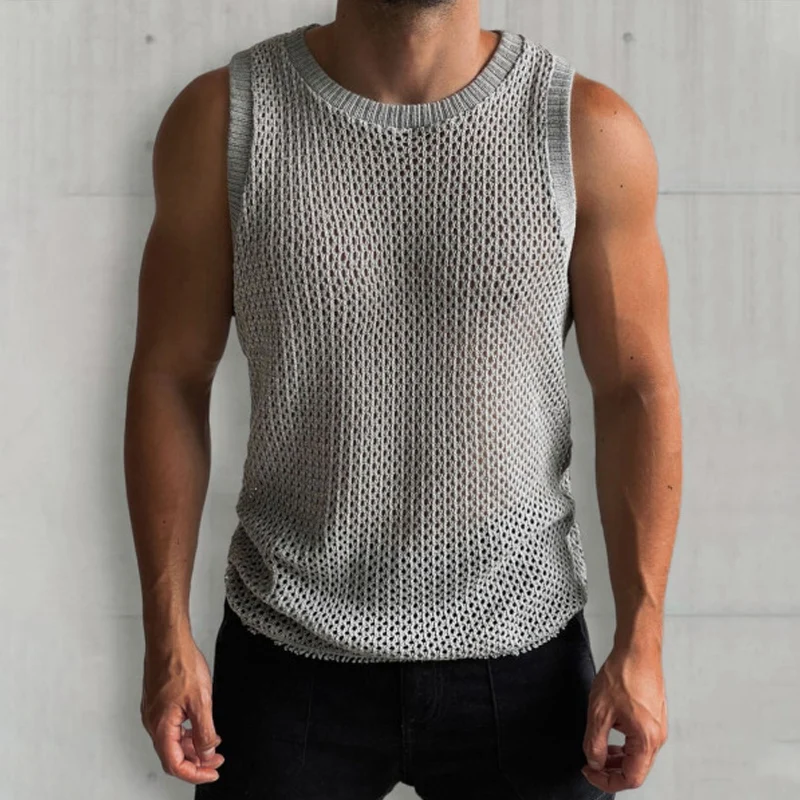 New Fashion Hollow Out Knitting Mens Tank Tops Summer Casual O Neck Sleeveless Breathable Camisole Men Vintage Solid Color Vest