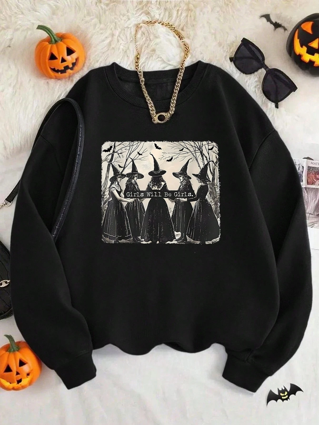 2025, Halloween-Damen-Sweatshirt, lässig, Hexenmuster, Rundhalsausschnitt, schwarz, New Street Rock Girl, lockeres Langarm-Top für Party