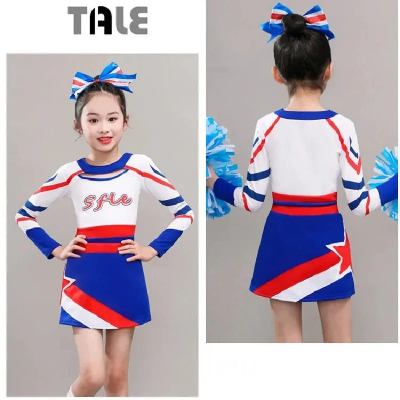 Long Sleeves Blue Girl Cheerleading Costume Uniform Kids Women Cheerleader Dance Outfit Round Neckline Patchwork Style Pompoms