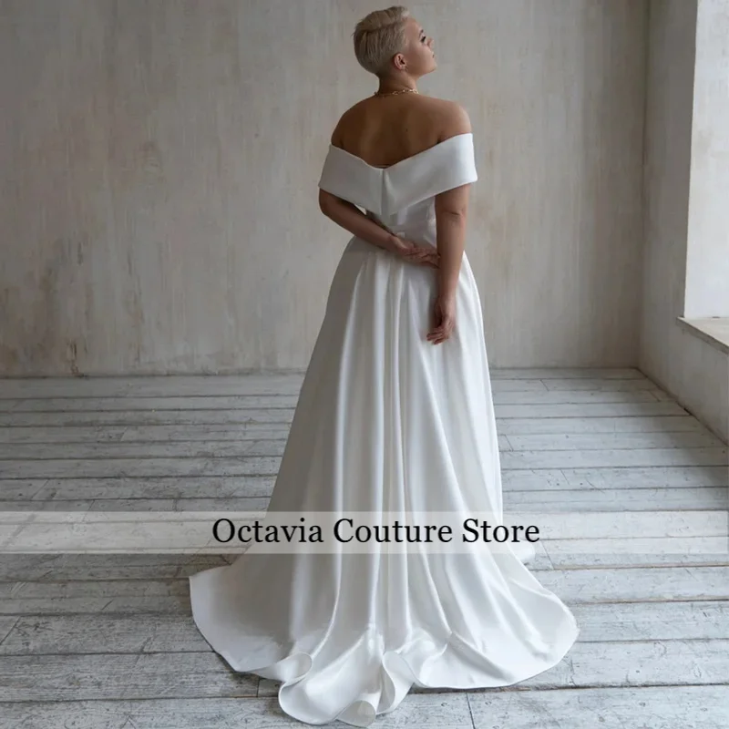Simple Wedding Dress Plus Size Customized Elegant Off Shoulder V Neck Pleat A Line Sweep Train Backles Bridal Gown Robe Mariee