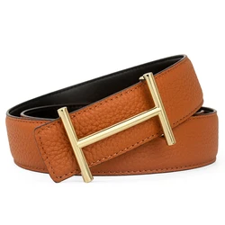 Width 3.4cm Genuine Leather Business Belt Cowboy Waistband Men Fashion Litchi Stria Buckle Belts,with Letter 