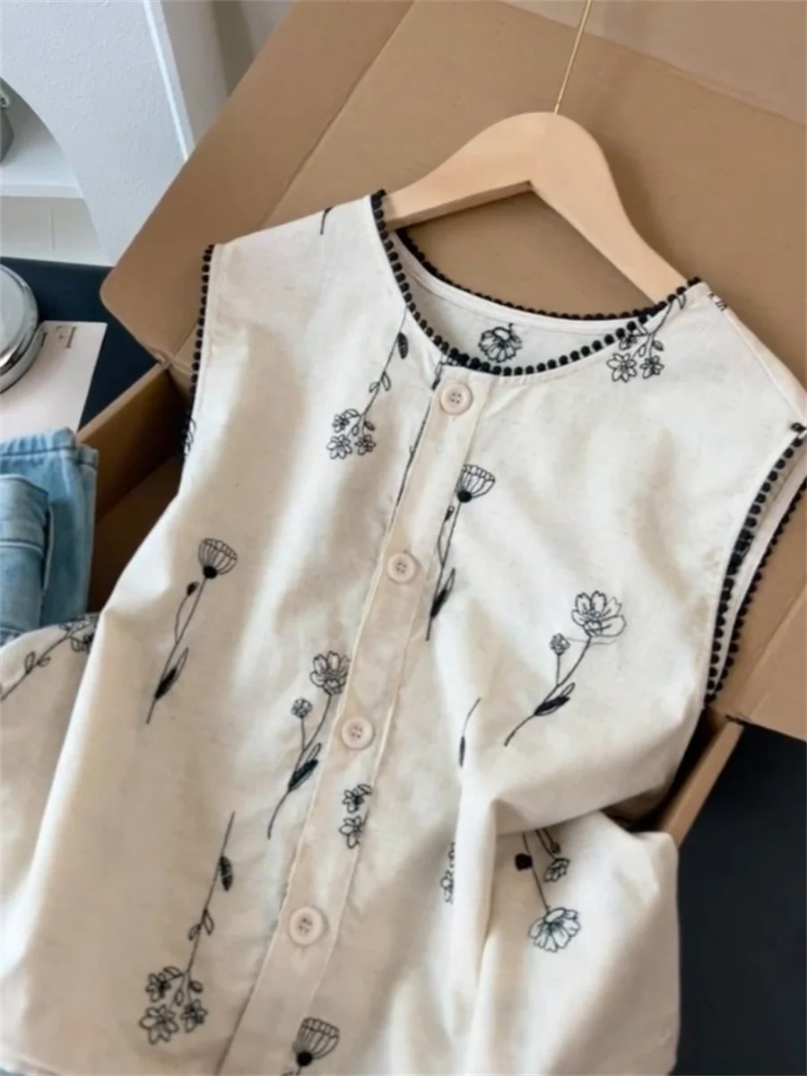 Retro Geborduurde Bloem Ronde Ne Vest Irt Loose Fit Svel Dames Zomer Faionable Casual Sle Thermische Irt