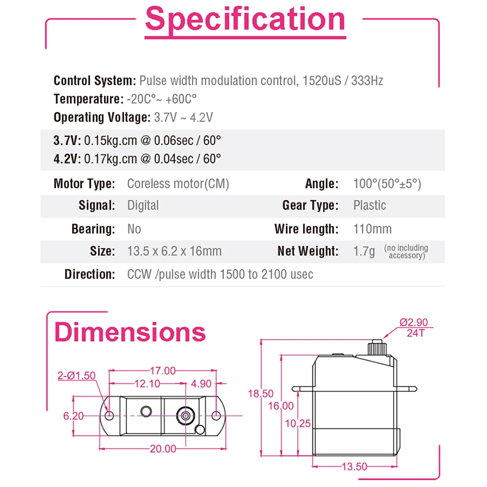 AFRC-Servomoteur numérique sans noyau pour avion RC, sous-chaise D1302, 1.7g, 0,04 sièges, prise JST rapide ou connecteur JR, Flig 3D intérieur