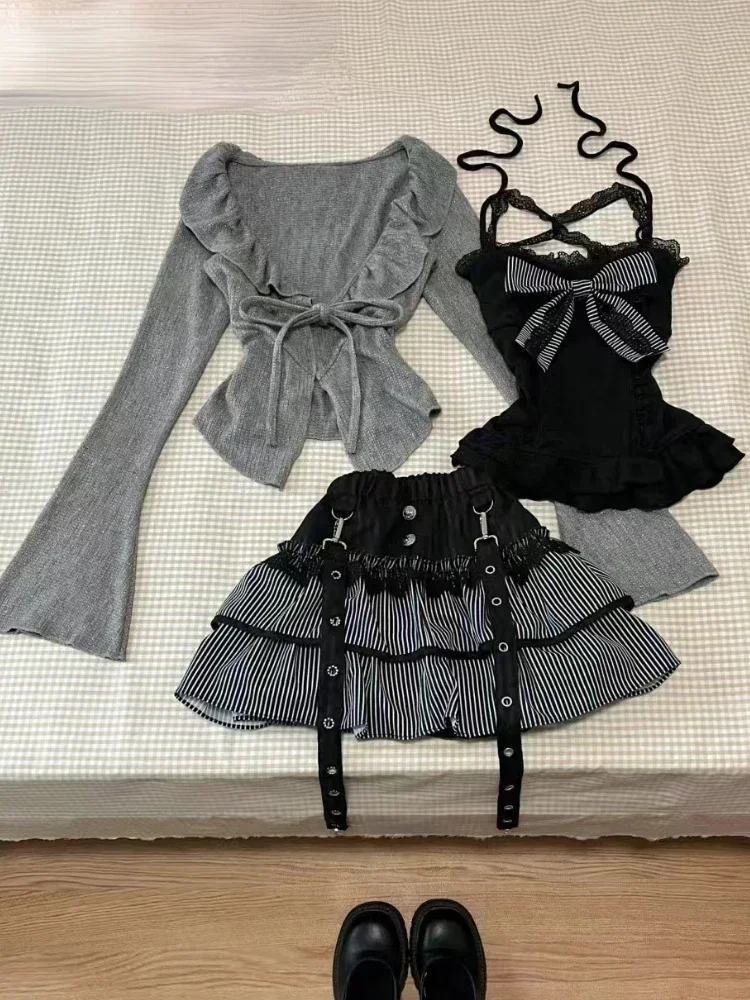 Vintage Bow 3 Piece Set Women Aesthetic Gothic Slim Long Sleeve Cardigan + Elastic Waist Ruffle Short Skirt Knitted Vintage Suit