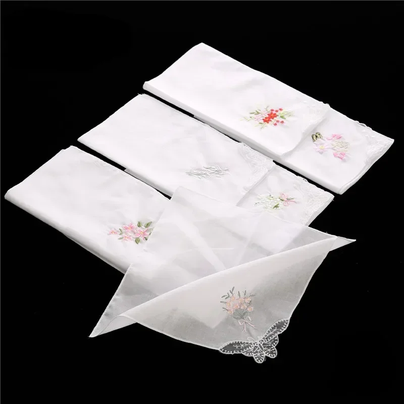 3Pcs 28x28cm Butterfly Lace Flower Embroidered Soft White Gauze Cotton Women Lady Handkerchiefs Wedding Party Gift