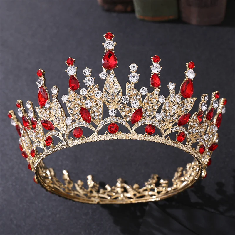 New popular European and American leaf rhinestone headwear crown Baroque red crystal Sen series round bride crown