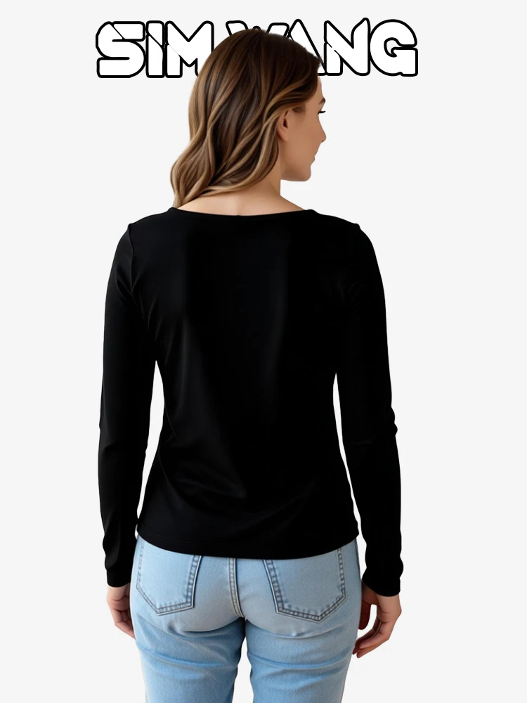 Simple low V-neck tight-fitting long-sleeved T-shirt for women, perfect for layering and versatile in style. - view 2