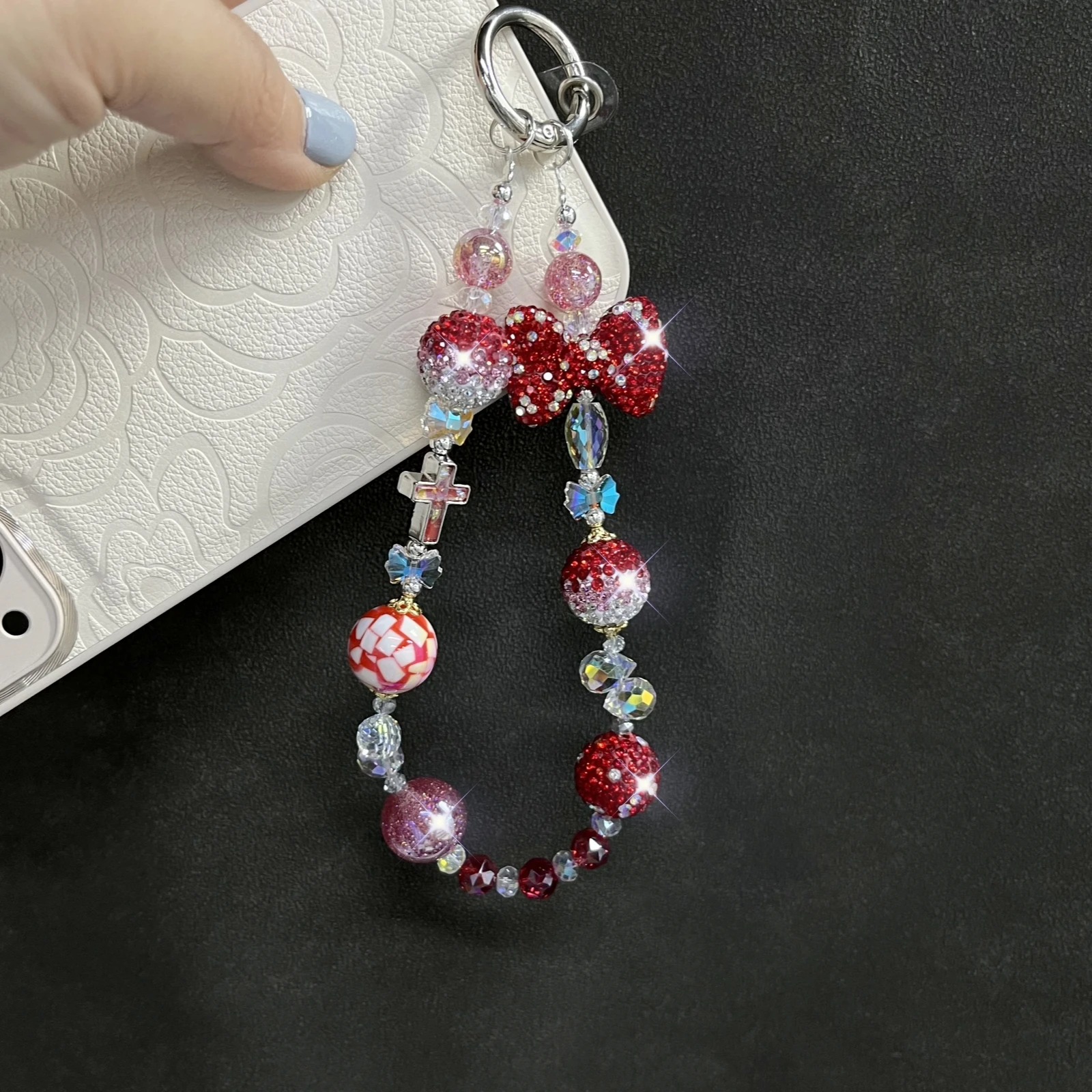 Red Diamond Ball Bow Phone Chain Shining Red and White Crystal Phone Accessories Hanging Chain Phone Charm Gift for Her