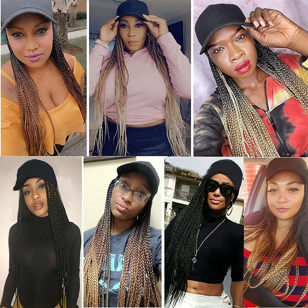 Ombre Synthetic Baseball Cap Box Braided Wigs For Black Women Twist Braids Extensions Hair Wig with Adjustable Hat Daily Wear