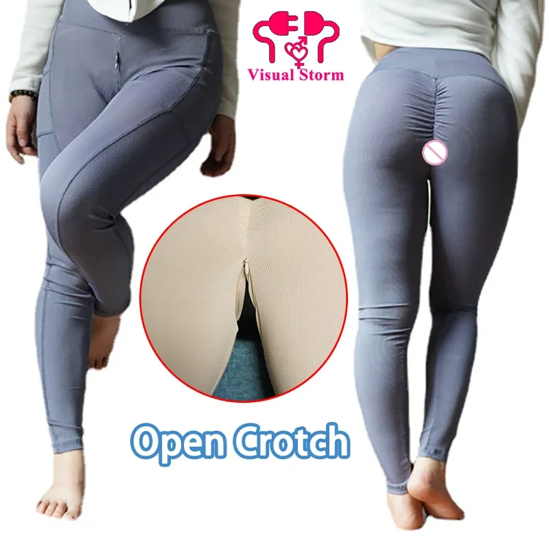 Woman Sexy High Rise Open Crotch Leggings Underwear Seamless Double Zippers Pockets Crotchless Panties Outdoor Sex Pants Briefs