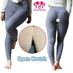 Mallas sexys de tiro alto con entrepierna abierta para mujer, ropa interior sin costuras, cremalleras dobles, bolsillos, bragas sin entrepierna, pantalones sexuales al aire libre, calzoncillos