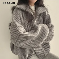 2024 Autumn Winter Korean Fashion Knitting Casual Cardigans Women's Solid Color Zipper Ladies Grey Long Sleeve Sweater Top