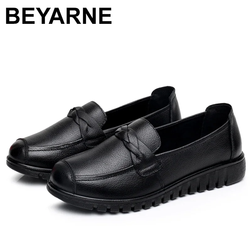 BEYARNE Women Mother Female Old Shoes Flats Loafers Cow Genuine Leather Solid Slip On Round PU Non Slip Casual 35-41E088