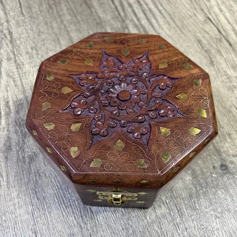 Hand-carved Octagonal Rosewood Grain Solid Wood Box with Brass Inlay, Multi-purpose Storage Case for Jewelry Stamp Collect