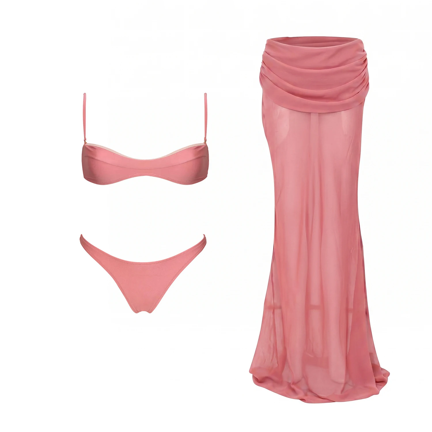 Bandeau 3Pcs Biquni Women Micro Bikini Set Female Swimsuit Push Up Swimwear Shiny Swim Suit Long Skirt Beachwear Bathingsuit
