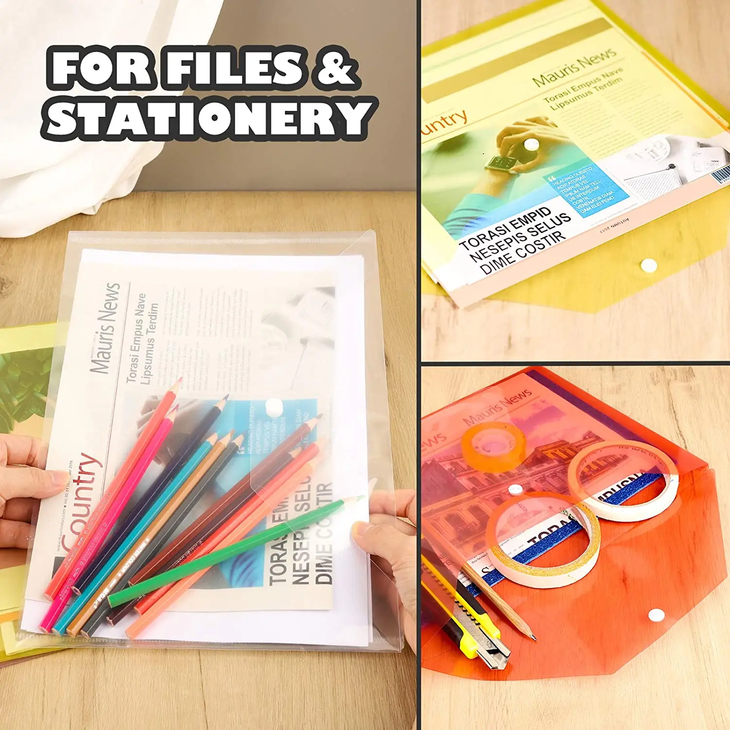 A4 Transparent File Bag Folder Plastic Envelopes Clear File Folders Document Organizers With Snap Button School Office Supplies