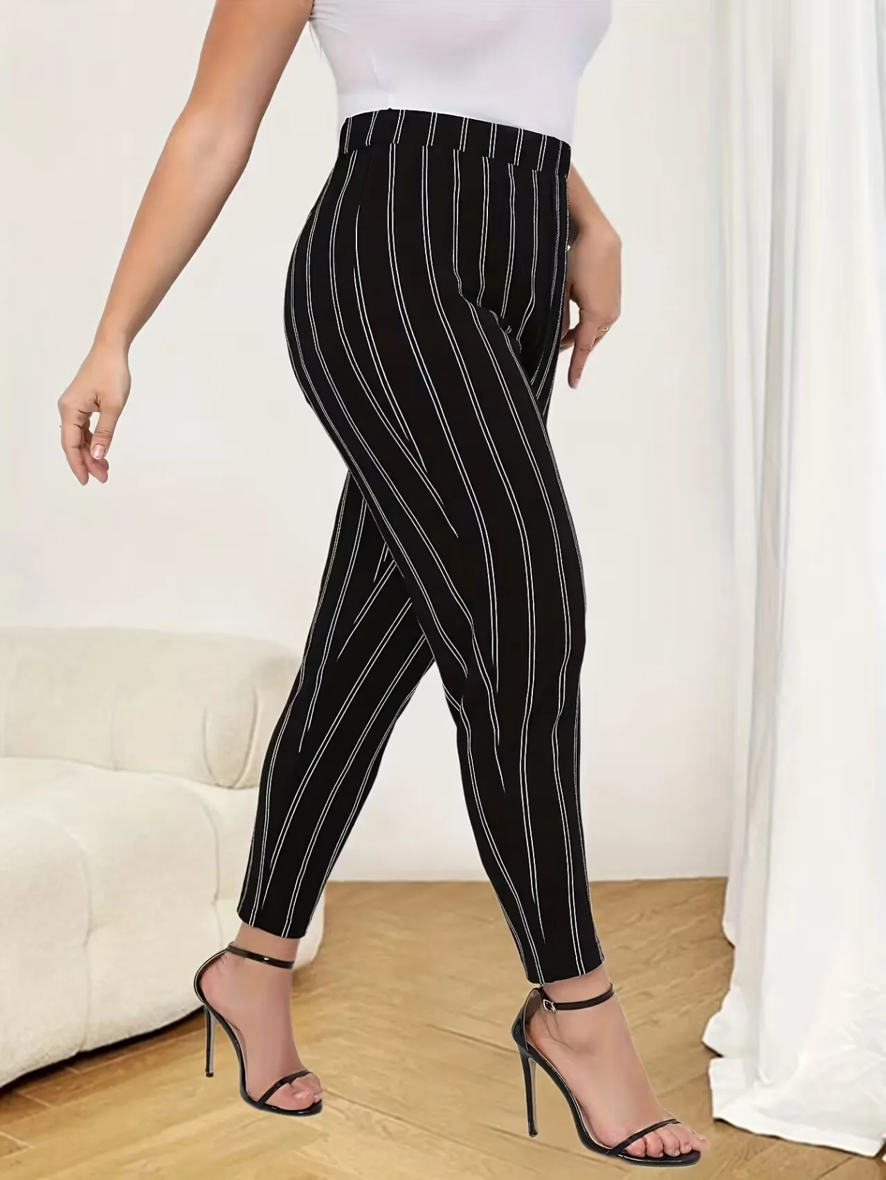 Plus Size Spring and Autumn Brushed Milk Silk Bottom Pants Striped Slimming Elastic Women's Pants Wearing Small Foot