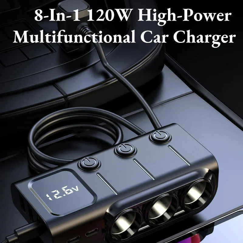 120W 3-in-1 Car Charger Adapter for Type C USB 3 Socket Cigarette Lighter Splitter Charge Independent Switches Cigarette Outlet