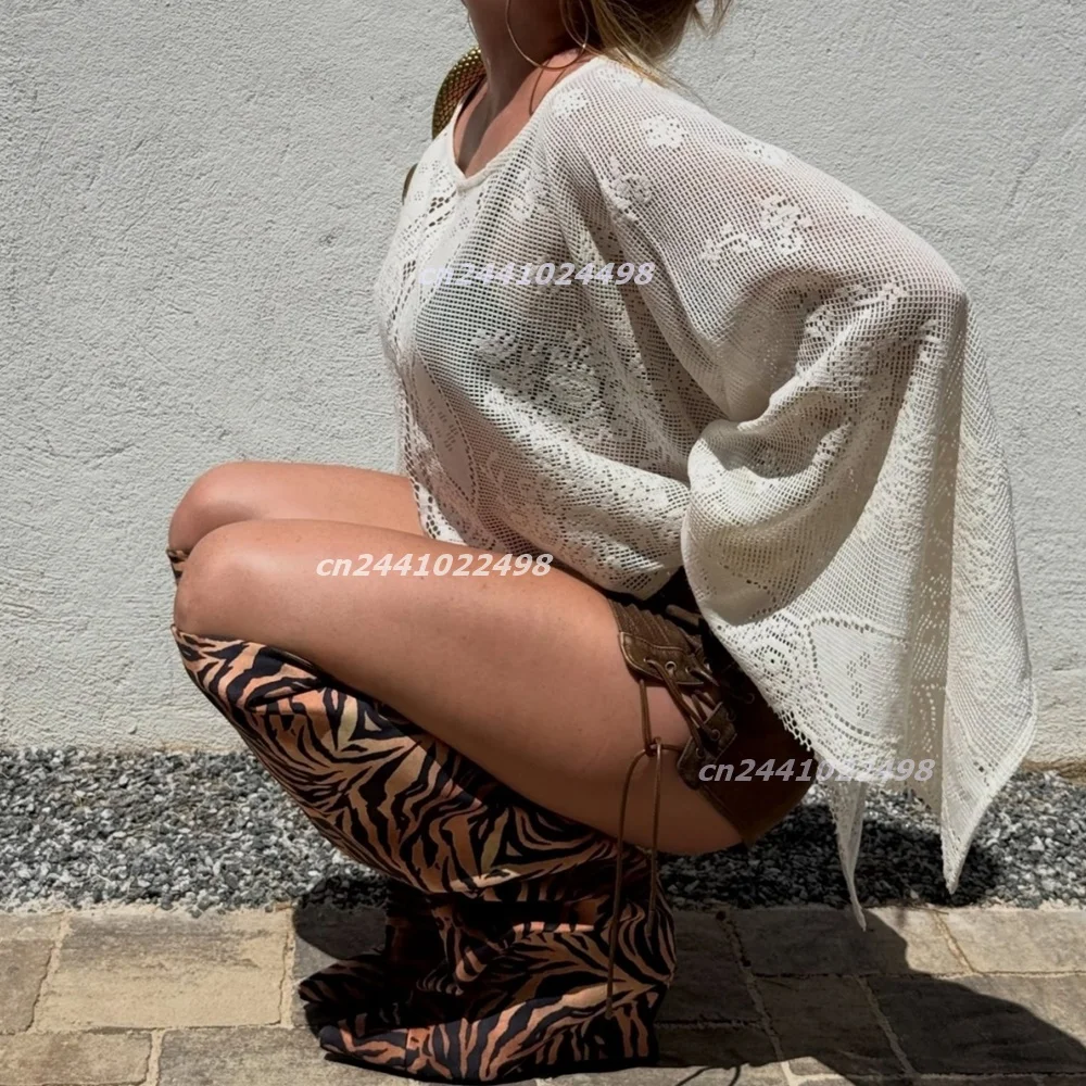 Women Tiger Print Slouchy Knee High Wedge Boots Sharp Pointed Toe Curved Wedge Heel Faux Suede Animal Pattern Upper Fashion Boot