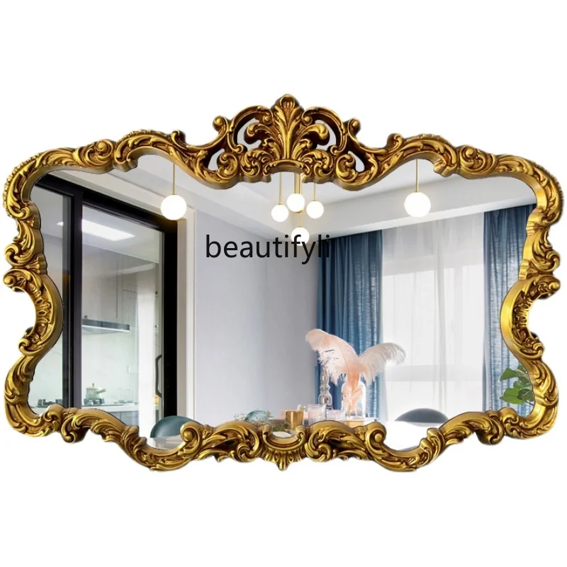 

European-Style Retro Bathroom Wall-Mounted Carved Mirror Washstand Bathroom Light Luxury Dressing Table Decorative Mirror