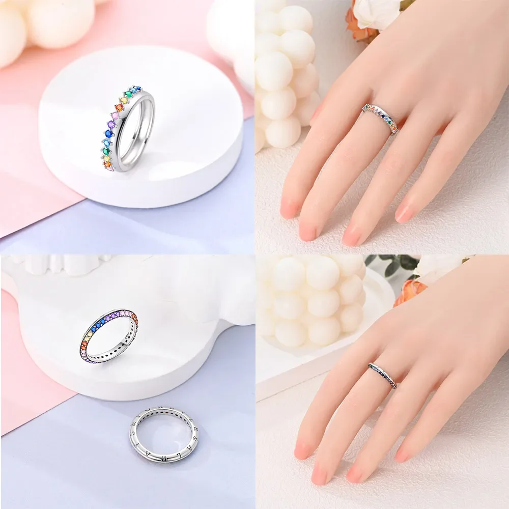 Boutique 925 Sterling Silver Argent Lines Drop Inlay Rainbow Gemstone Pavé Hoop Ring Biżuteria damska na wesele Akcesoria