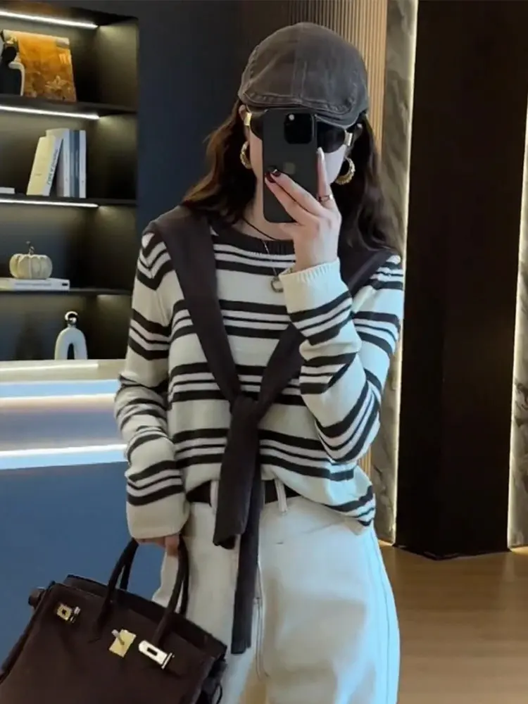 

Casual Loose Women's Long Sve Knitted Sweater Striped Lazy Sle Spring Autumn New Arrival Premium Feeling oulder Length...