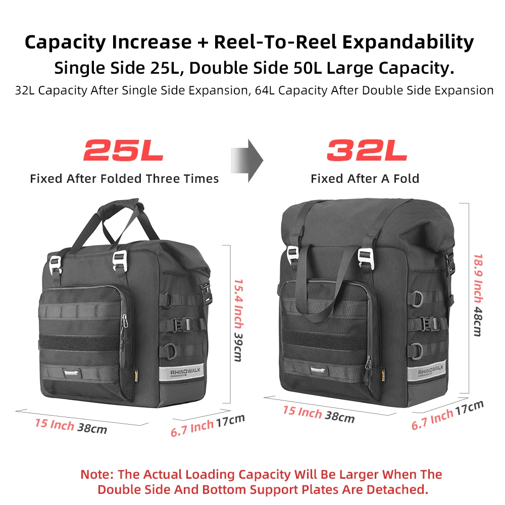 Rhinowalk Motorcycle Universal Saddle Bag 1PC 25-32L Quick Release Motorcycle Travel Case Side Bag Pannier Bag Motor Accessories