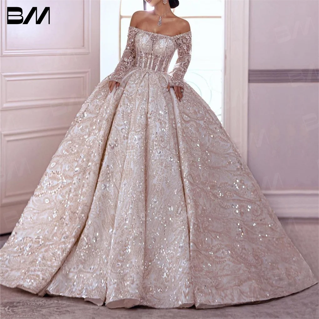 Luxury Off-Shoulder Long Sleeve Wedding Gown Sequined Appliques Beaded Bridal Dresses Bride To Be 2024 Robe De Mariée