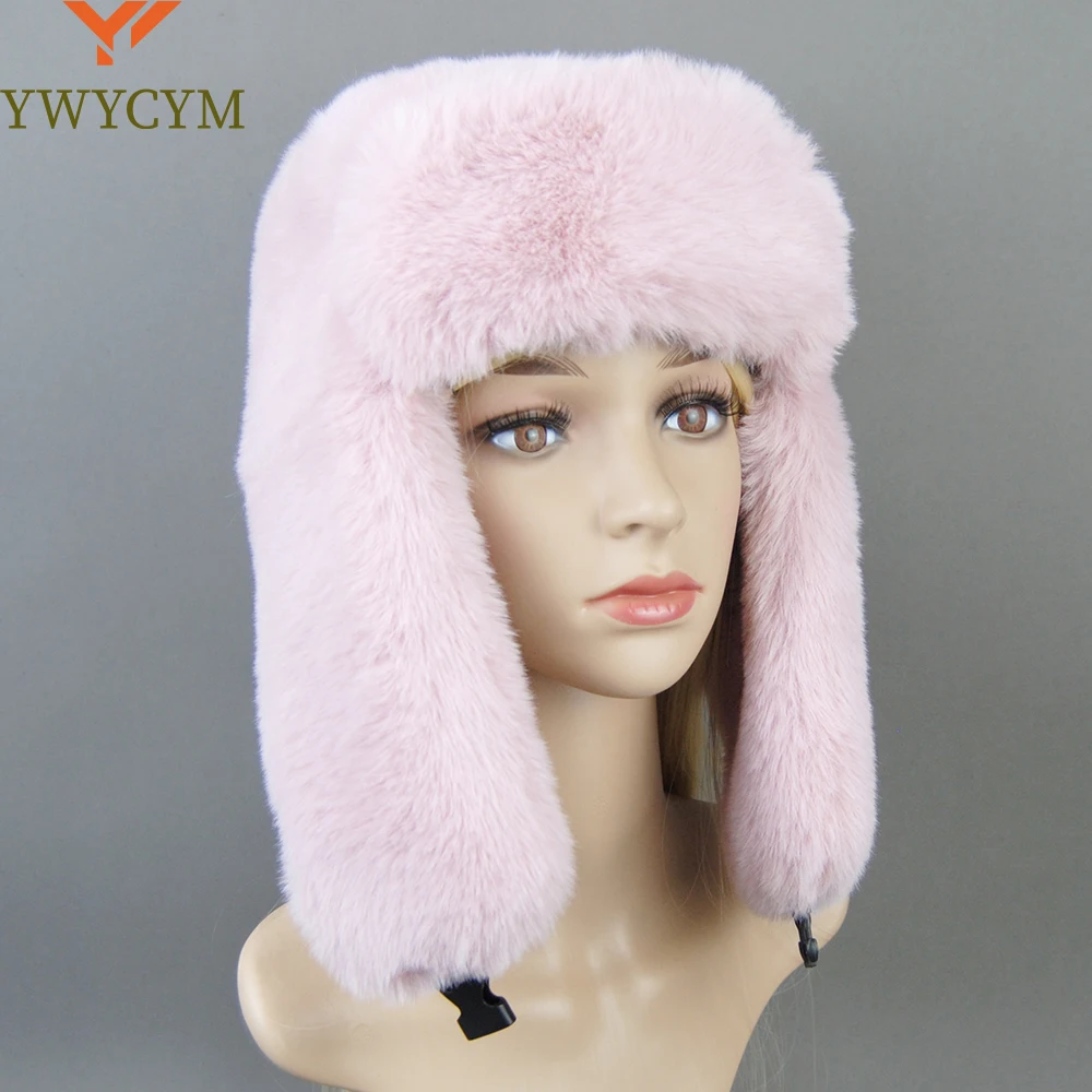 

Winter Russian Woman Fashion False Rex Rabbit Fur Hats Luxury False Rex Rabbit Fur Leather Cap Women’s Artificial Fur Bomber Hat