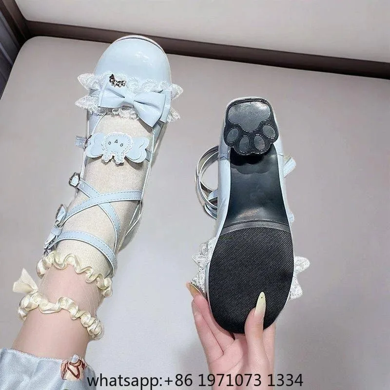 Sweet Lolita Girls Bowknots Rabbit Pumps,Students Cute Cat Claw Heel Mary Janes Ankle Straps Shoes