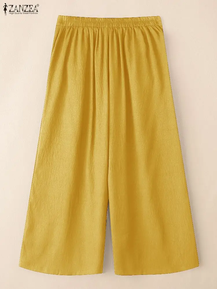 ZANZEA Pantaloni da donna a gamba larga con trama increspata 2025 Pantaloni a metà polpaccio in vita elastica autunnale tinta unita Abbigliamento casual quotidiano