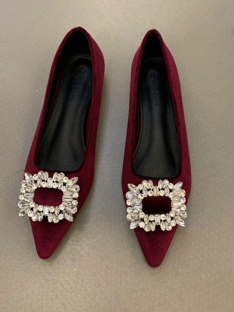 2025 الربيع والخريف موضة فرنسية جديدة الأحمر وأشار الجلد المدبوغ المياه الماس الفم الضحلة شقة شقة أحذية نسائية عادية #3